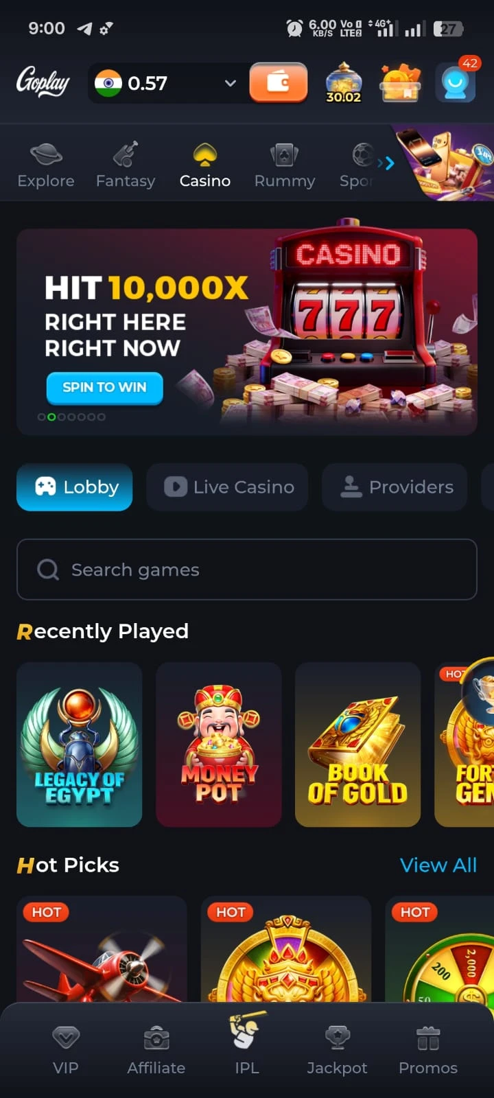 GoPlay Casino Slots Game Screen